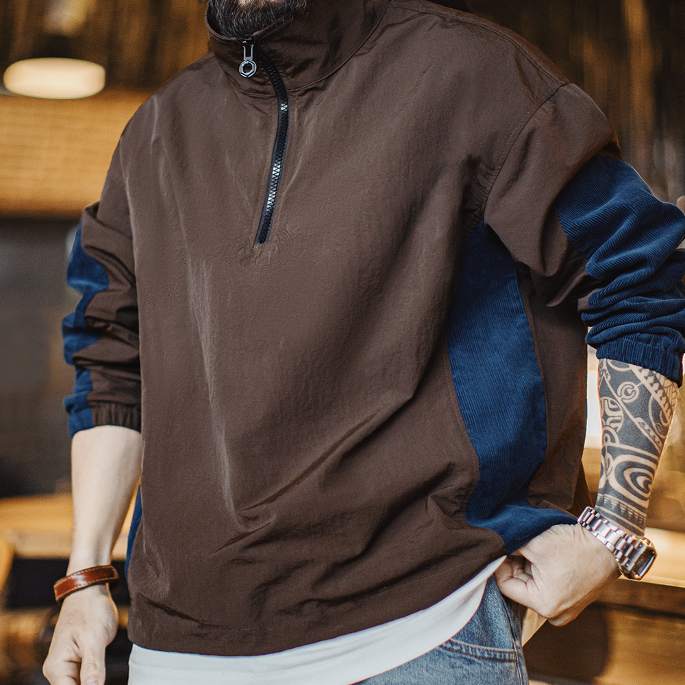 Vintage Zip Hoodie - Maden Vintage Cord Color-Block Half-Zip Jacke