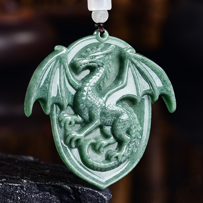 Vintage Necklace - Natürliche burmesische Jadeit-Drachen-Anhänger-Halskette, Edelstein-geschnitztes Amulett, Vintage-Luxus,