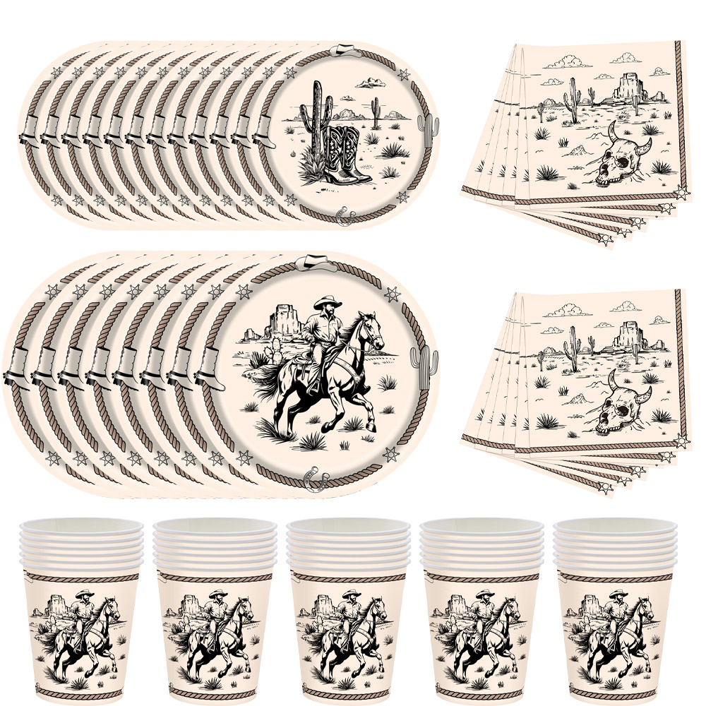 Vintage Things Collection - Vintage Western Cowboy Party-Geschirrset, Einweg-Pappteller, Becher,